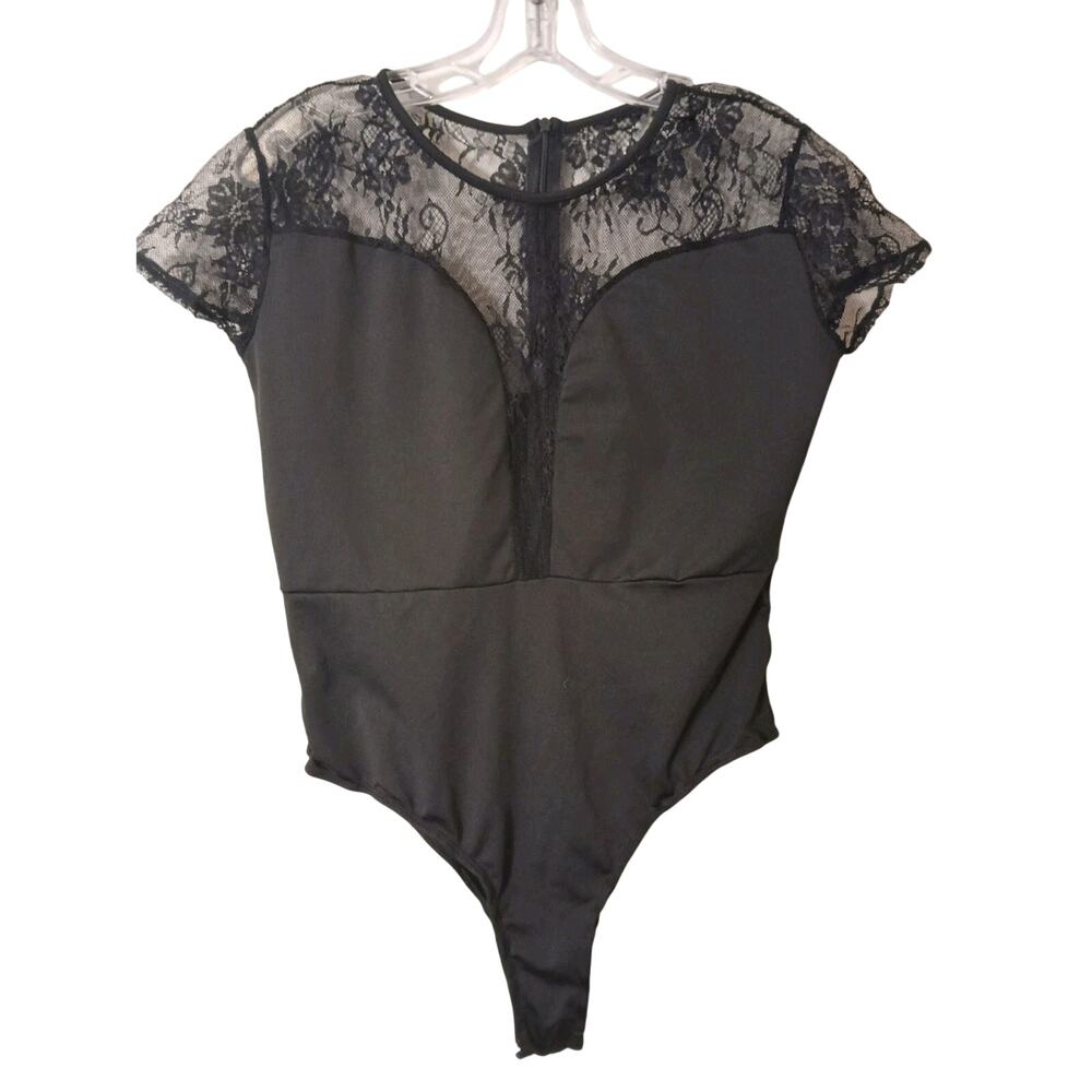 Y2K Romantic Bodysuit Sweatheart Sheer Top Sz L Black Lace Cap Sleeves Coquette